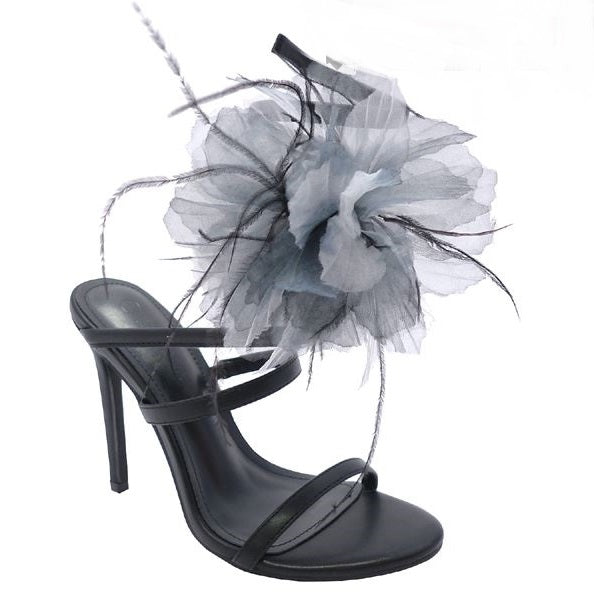 Wild Diva Paris-01 Black Open Toe Double Strap With Flower Design High Heels